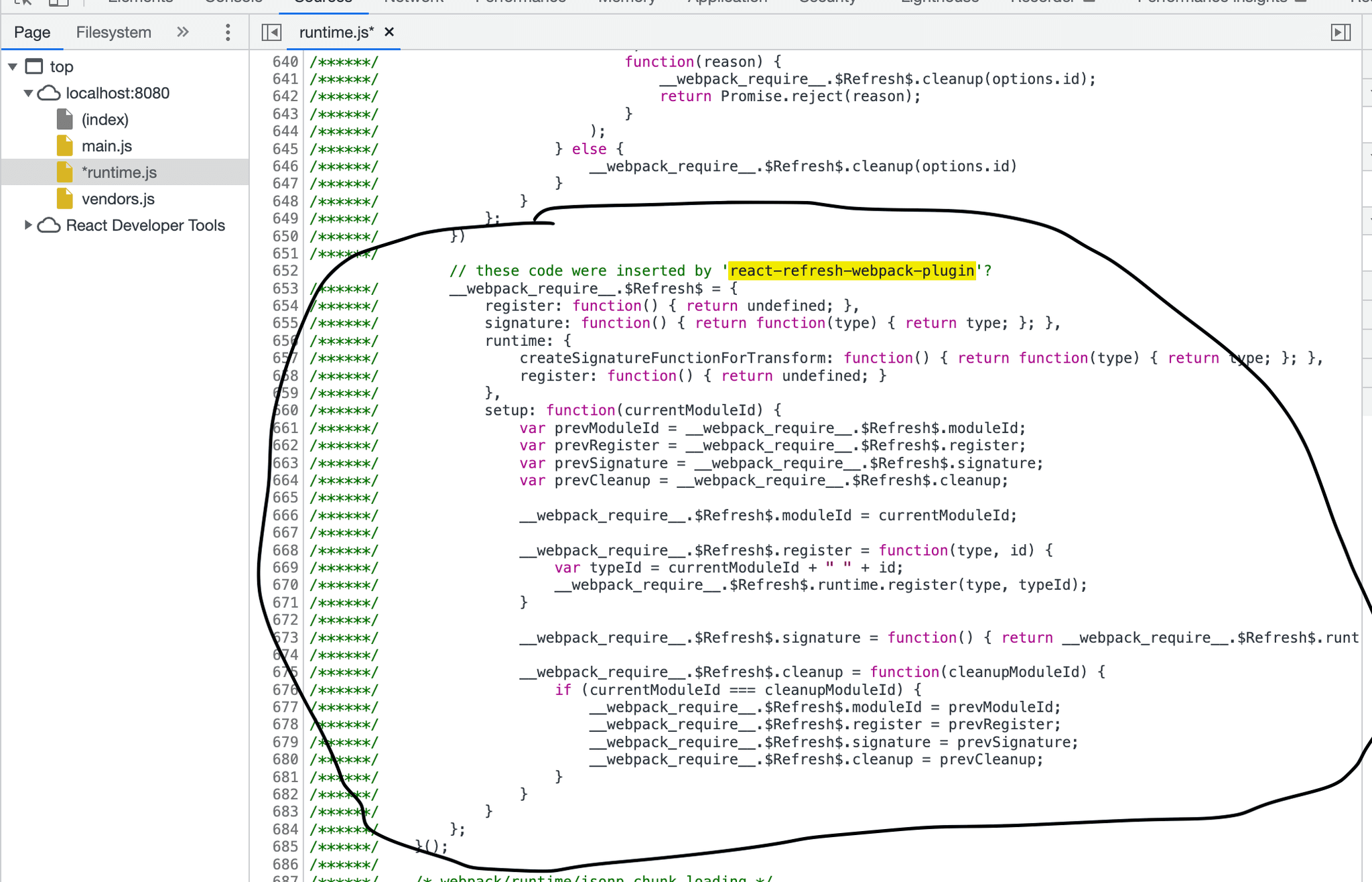 Exhibit B: code insertion by 'react-refresh-webpack-plugin'?